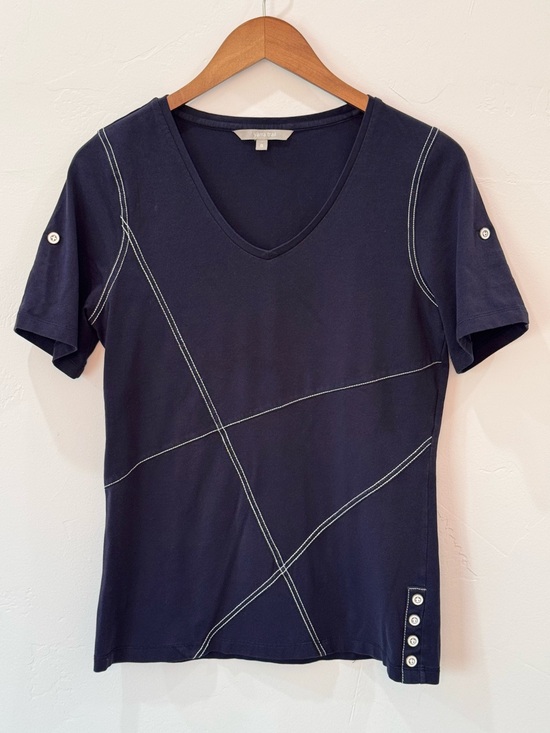 Yarra Trail Tops - Yarra Trail Navy V-Neck Short Sleeve Top White Contrast Stitching Women's Size S